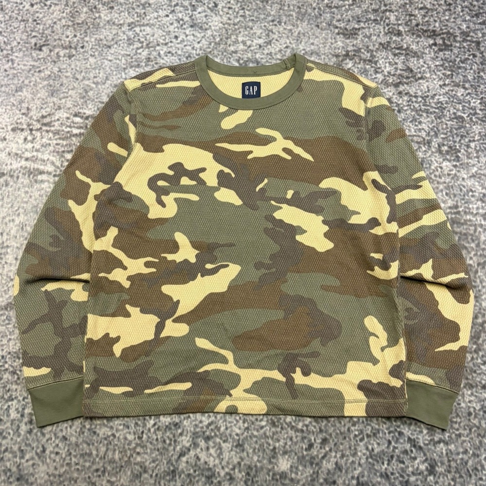 Gap Camo Long Sleeve Thermal Shirt Mens Small Green Brown Camouflage Skater Y2K